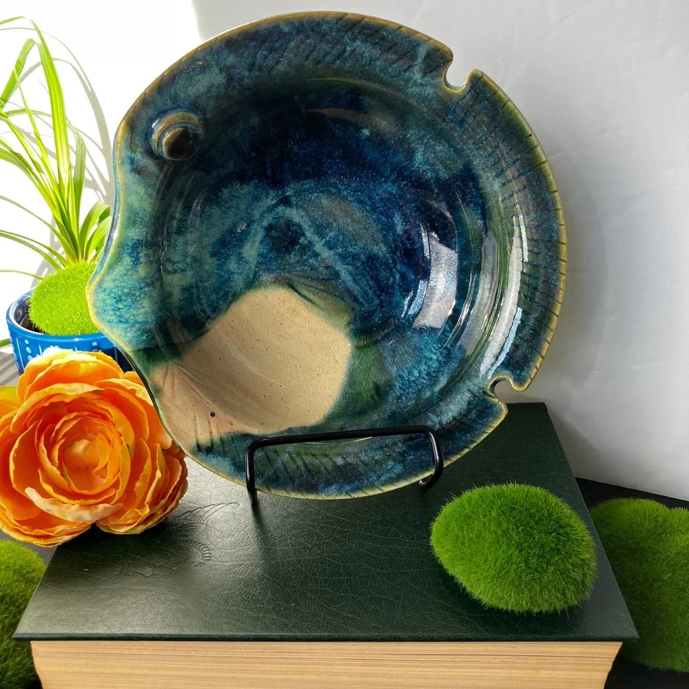 James Lawson Pottery Fish Bowl 1994 Vintage Blue Teal Drip Glaze Handcrafted Art